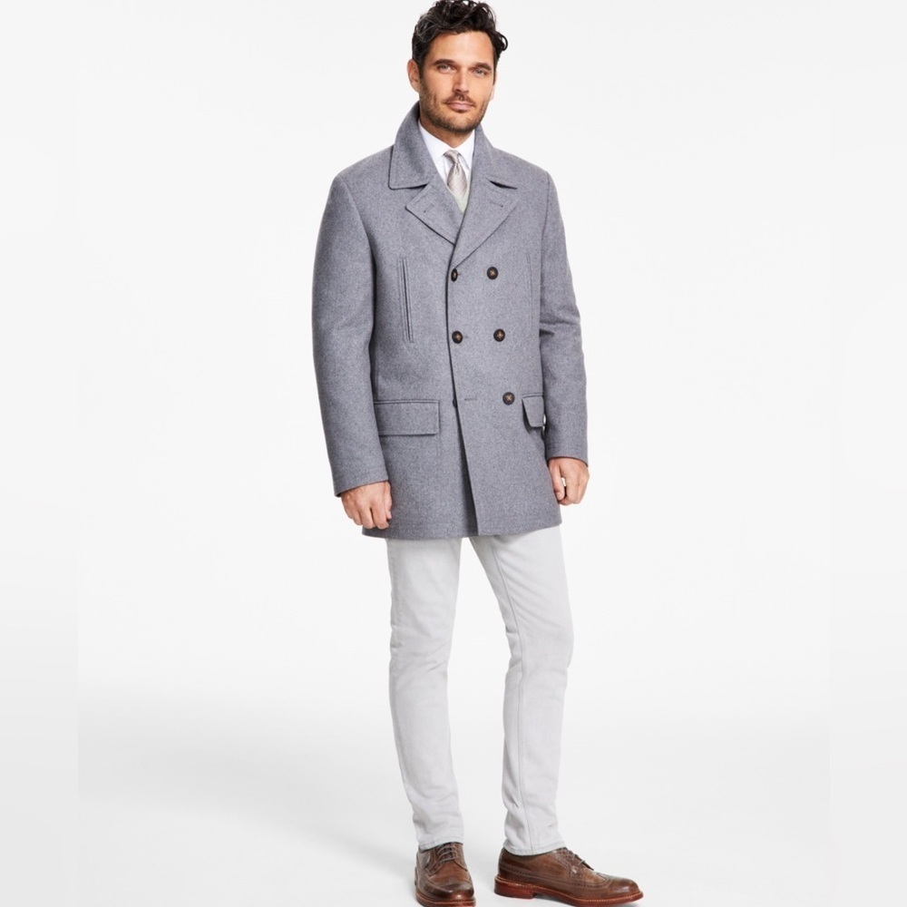 NWT Michael Kors Men’s Double Breasted Wool Pea Coat SZ 48L Grey Reg $395